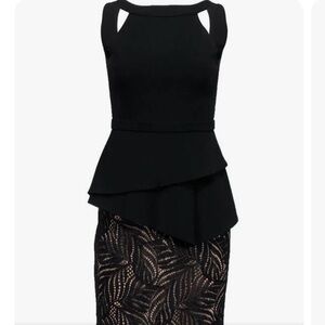 BCBG Maxazria black peplum dress with lace. Size 10